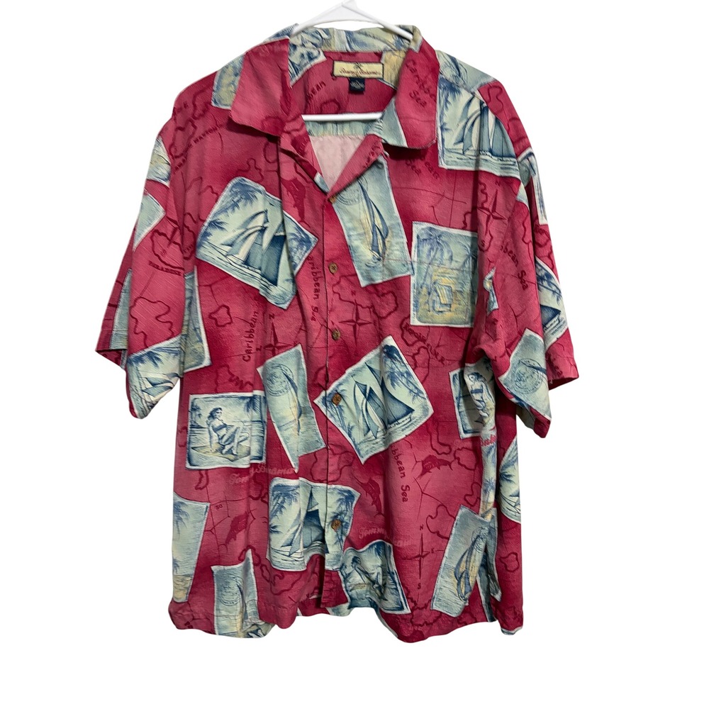 Tommy Bahama Shirt Silk Postcard Nautical Red Short Sleeve XL